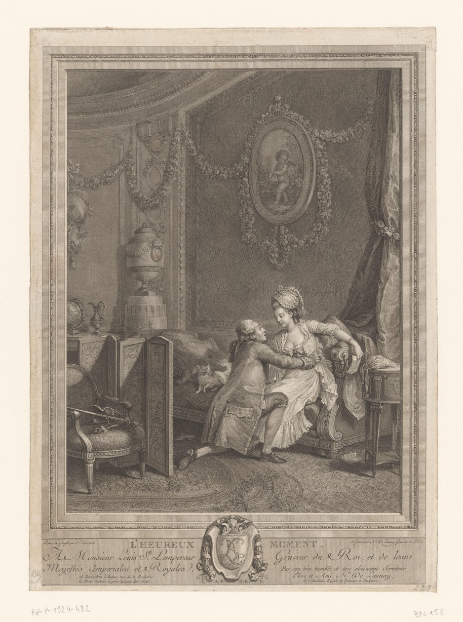A boldog pillanat Slaapkamerinterieur met koppel op bed A boldog pillanat (cím a tárgyon) alkotó: Nicolas de Launay (goudsmid)