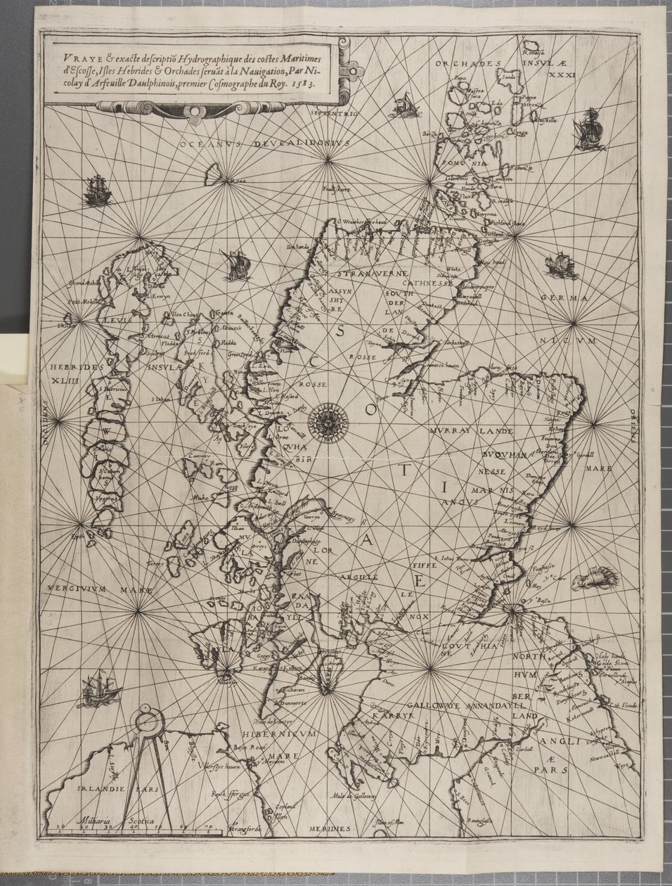 Térkép, V. Jakab király navigációjából, Skócia körül, az Orkney-szigetekről és a Hebridekről vagy a nyugati szigetekről: Alexander Lindsay kiváló pilóta vezetésével alkotó: Nicolas de Nicolay