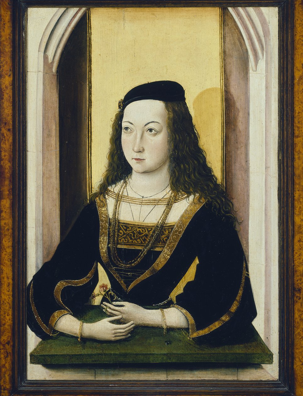 Virágot tartó fiatal nő portréja, 15. század vége, olaj, tábla alkotó: Nicolaus Alexander Mair von Landshut