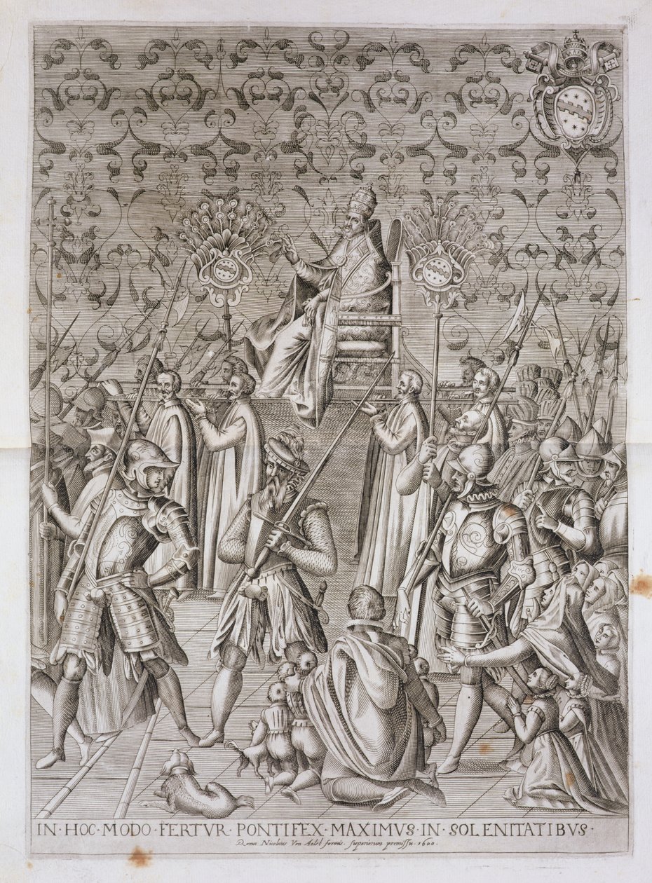 V. Sixtus pápát (1521-90) a San Giovanni Laterano-bazilika előtti obeliszk-szentelési szertartásra viszik, 1588-ban, 1600-ban (lásd még: 193204) alkotó: Nicolaus van Aelst