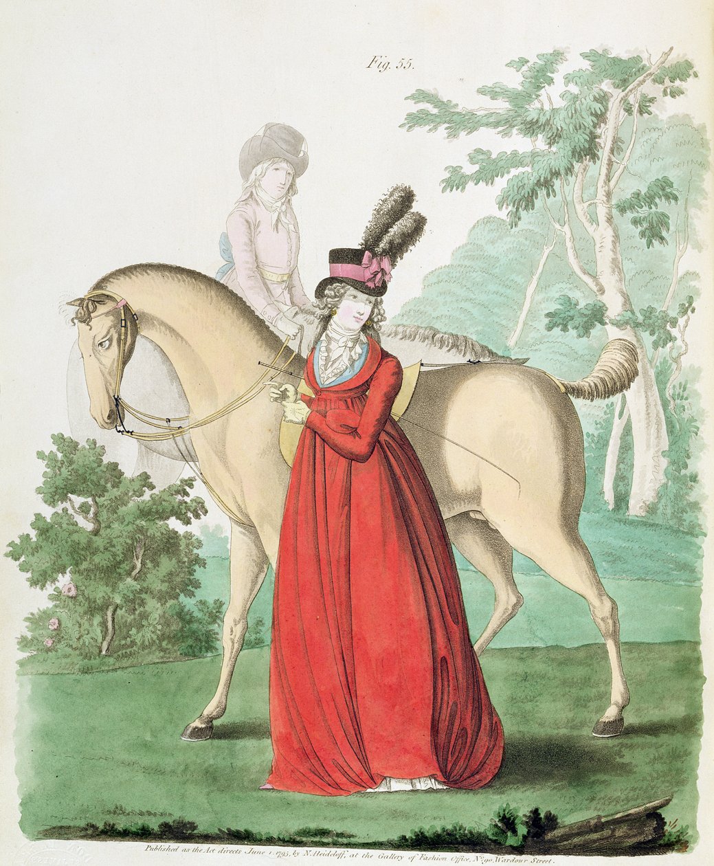 Egy hölgy lóháton lovaglóruhában, Nikolaus Heideloff Divatgalériájából, II. kötet, 1795. június (nyomtatott) alkotó: Nicolaus von Heideloff