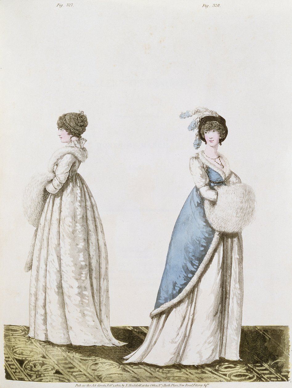 Délutáni ruhák füge. 327. és 328. Nikolaus Heideloff "Gallery of Fashion" című művéből, 1802. február II. alkotó: Nicolaus von Heideloff