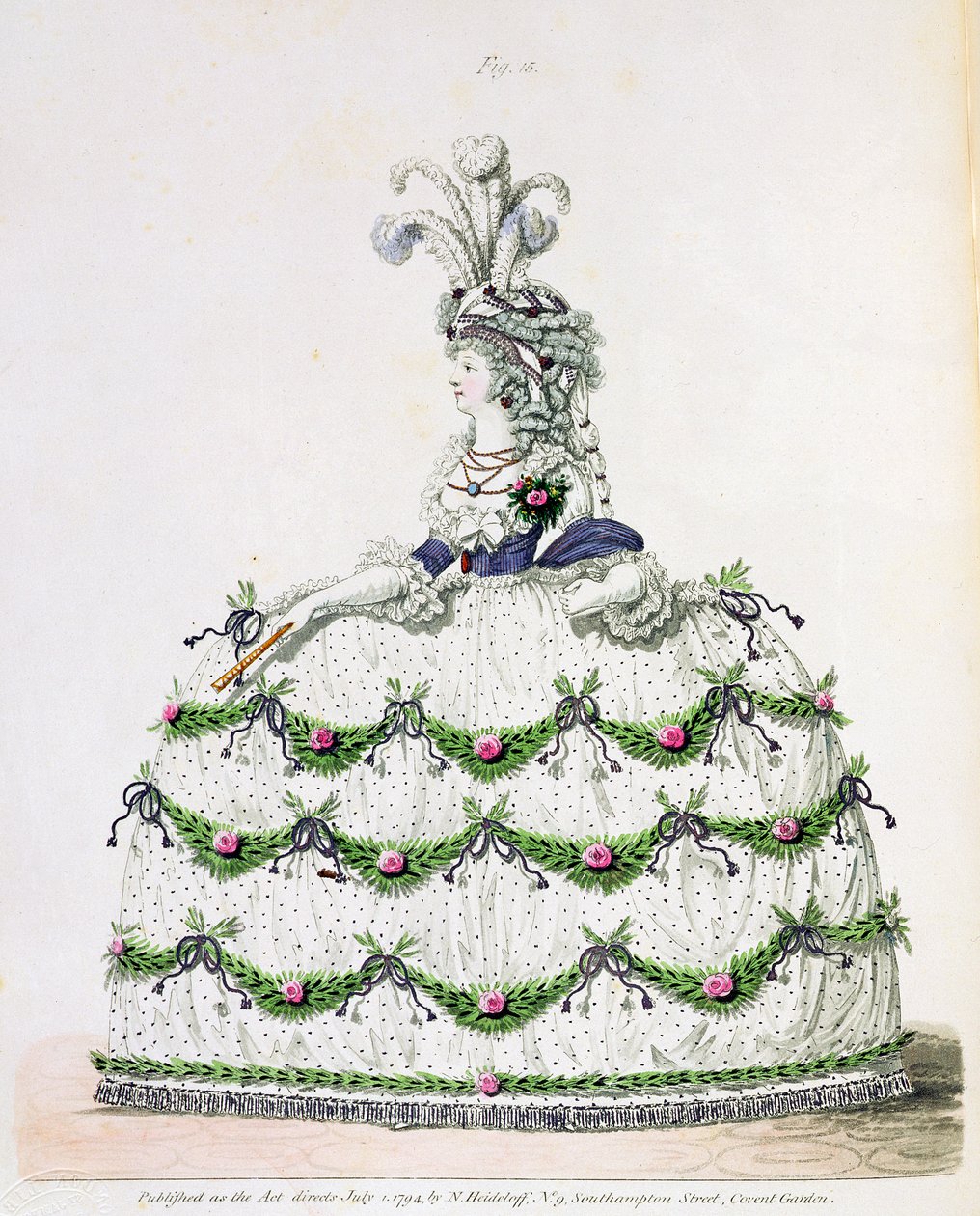 Udvari ruha, 15. ábra, Nikolaus Heideloff "Divatgaléria" I. kötetéből, 1794. július (nyomtatás). alkotó: Nicolaus von Heideloff