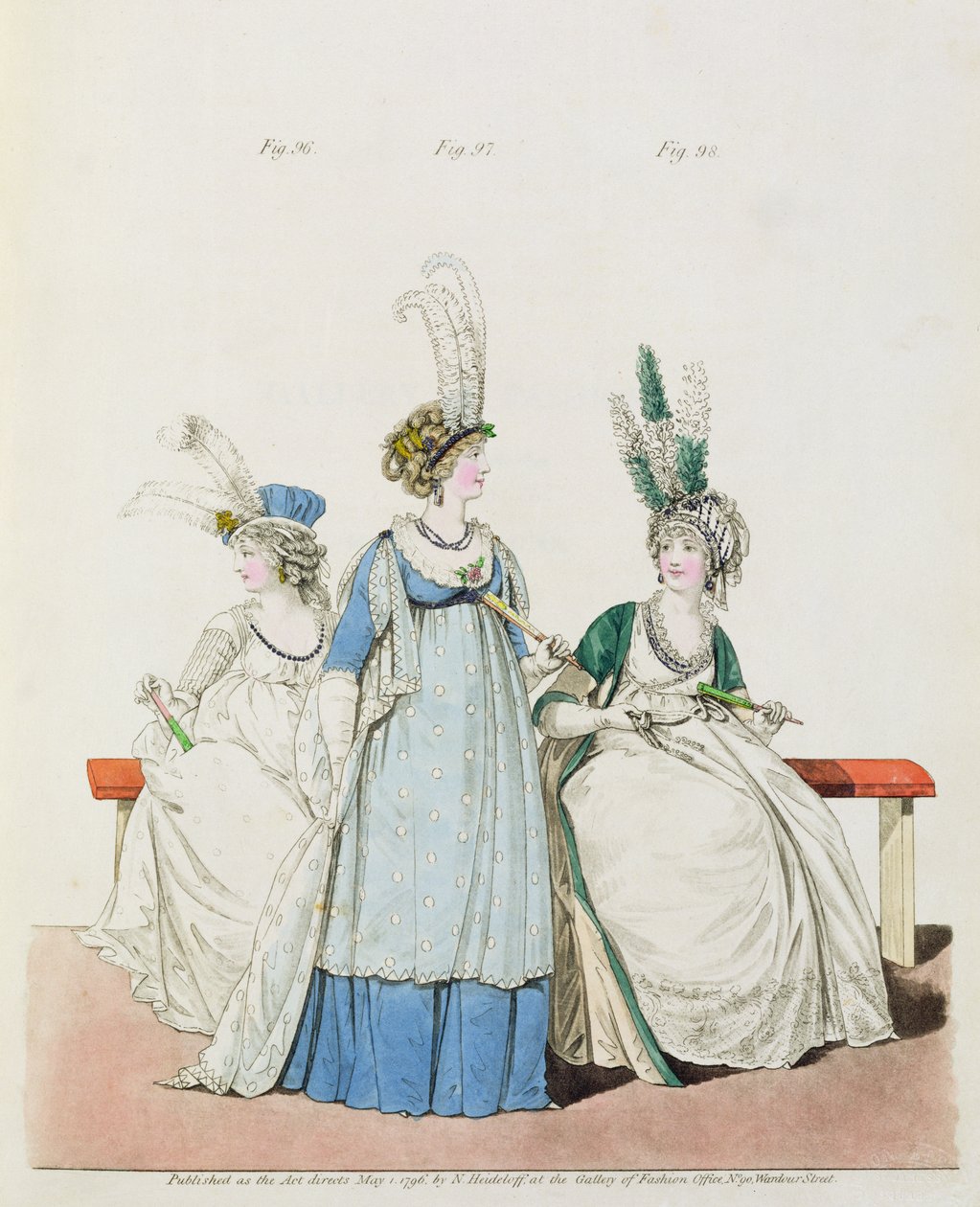 Estélyi ruhák operához és koncertekhez, 2. ábra. 96., 97. és 98. Nikolaus Heideloff "Gallery of Fashion" című művéből, 1796. május (nyomtatott) alkotó: Nicolaus von Heideloff