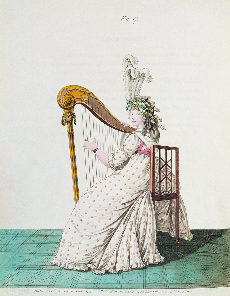 Hárfán játszó hölgy estélyi ruhában Nikolaus Heideloff Divatgalériájából, II. kötet, 1795. április (nyomtatott) alkotó: Nicolaus von Heideloff