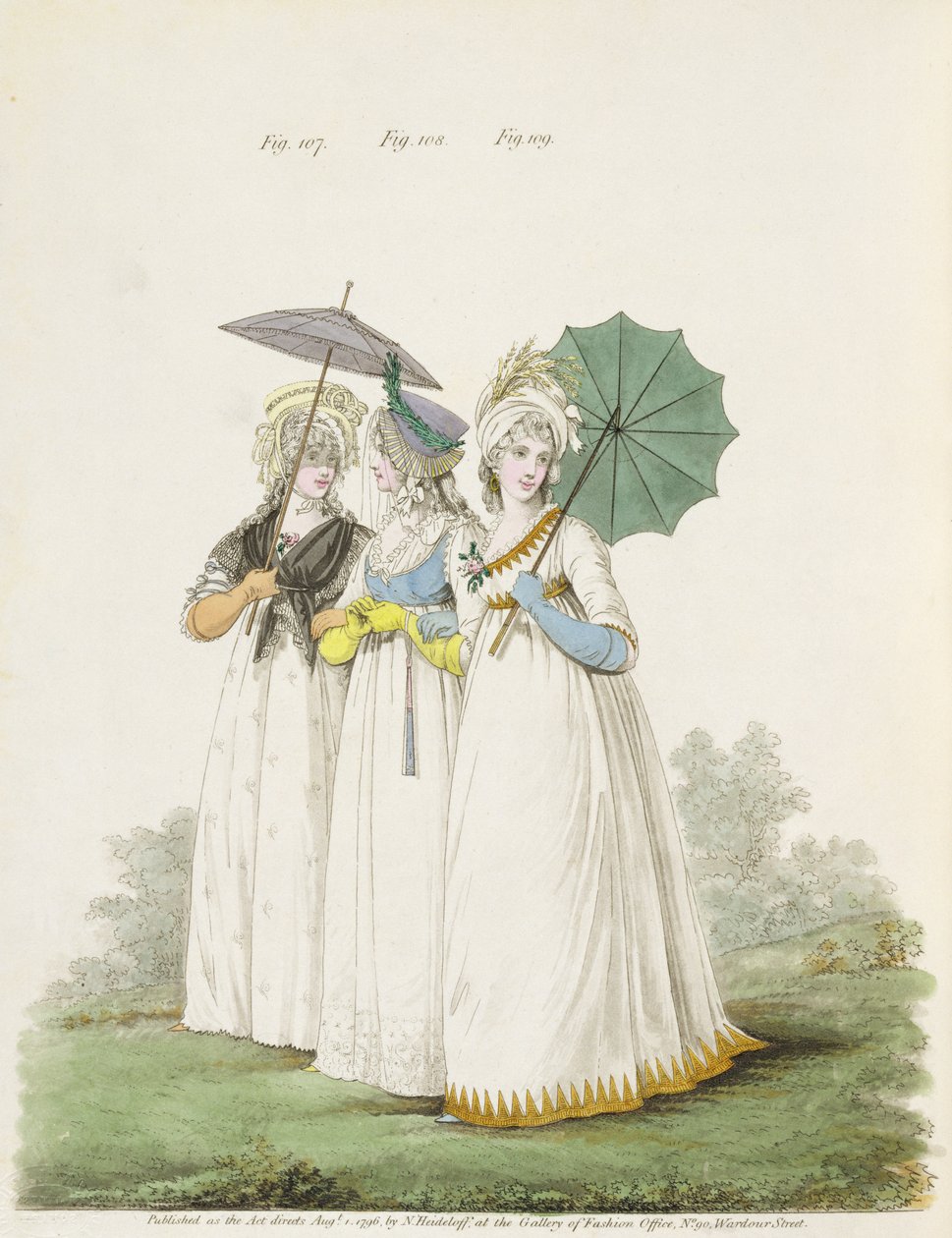 Reggeli ruhák, füge. 107., 108. és 109. Nikolaus Heideloff „Gallery of Fashion” című művéből. II, 1796. augusztus (nyomtatás) alkotó: Nicolaus von Heideloff