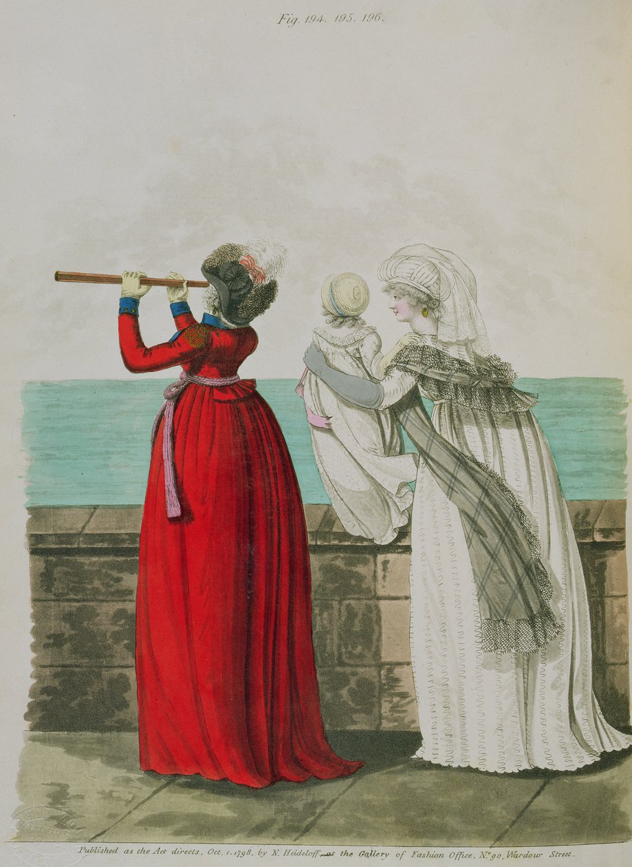 Reggeli ruhák, füge. 194, 195 és 196 Nikolaus Heideloff "Gallery of Fashion" című művéből, 1798. október, II. kötet (nyomtatott) alkotó: Nicolaus von Heideloff