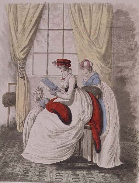 Reggeli ruhák Nikolaus Heideloff "Gallery of Fashion" című művéből, II. kötet, 1799. január (nyomtatott) alkotó: Nicolaus von Heideloff