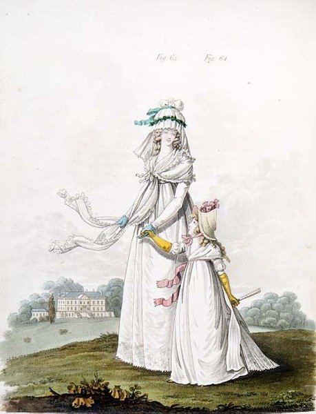 Anya és gyermeke reggeli ruhában Nikolaus Heideloff "Gallery of Fashion" című művéből, II. kötet, 1795. augusztus (nyomtatott) alkotó: Nicolaus von Heideloff