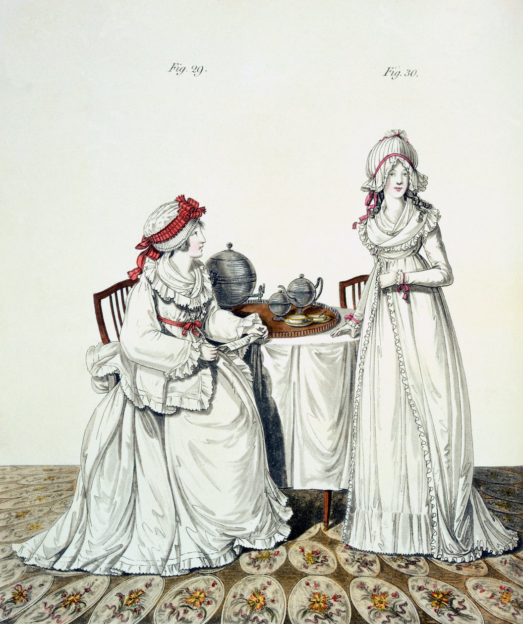 Két hölgy reggelizik öltözőjükben, éjjeli sapkában és peignoirban, Nikolaus Heideloff "Divatgalériája", I. kötet, 1794. november. alkotó: Nicolaus von Heideloff
