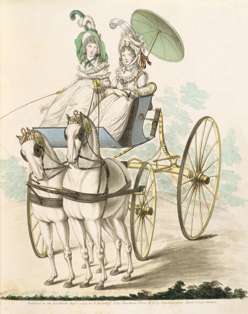 Két hölgy, en negligee, egy phaetonban sugároznak, Nikolaus Heideloff Divatgalériájából, I. kötet, 1794. augusztus (nyomtatott) alkotó: Nicolaus von Heideloff