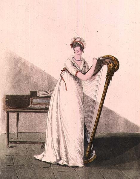 Fiatal nő hárfával a Heideloff "Gallery of Fashion"-ból, 19. század eleje (színes metszet) alkotó: Nicolaus von Heideloff