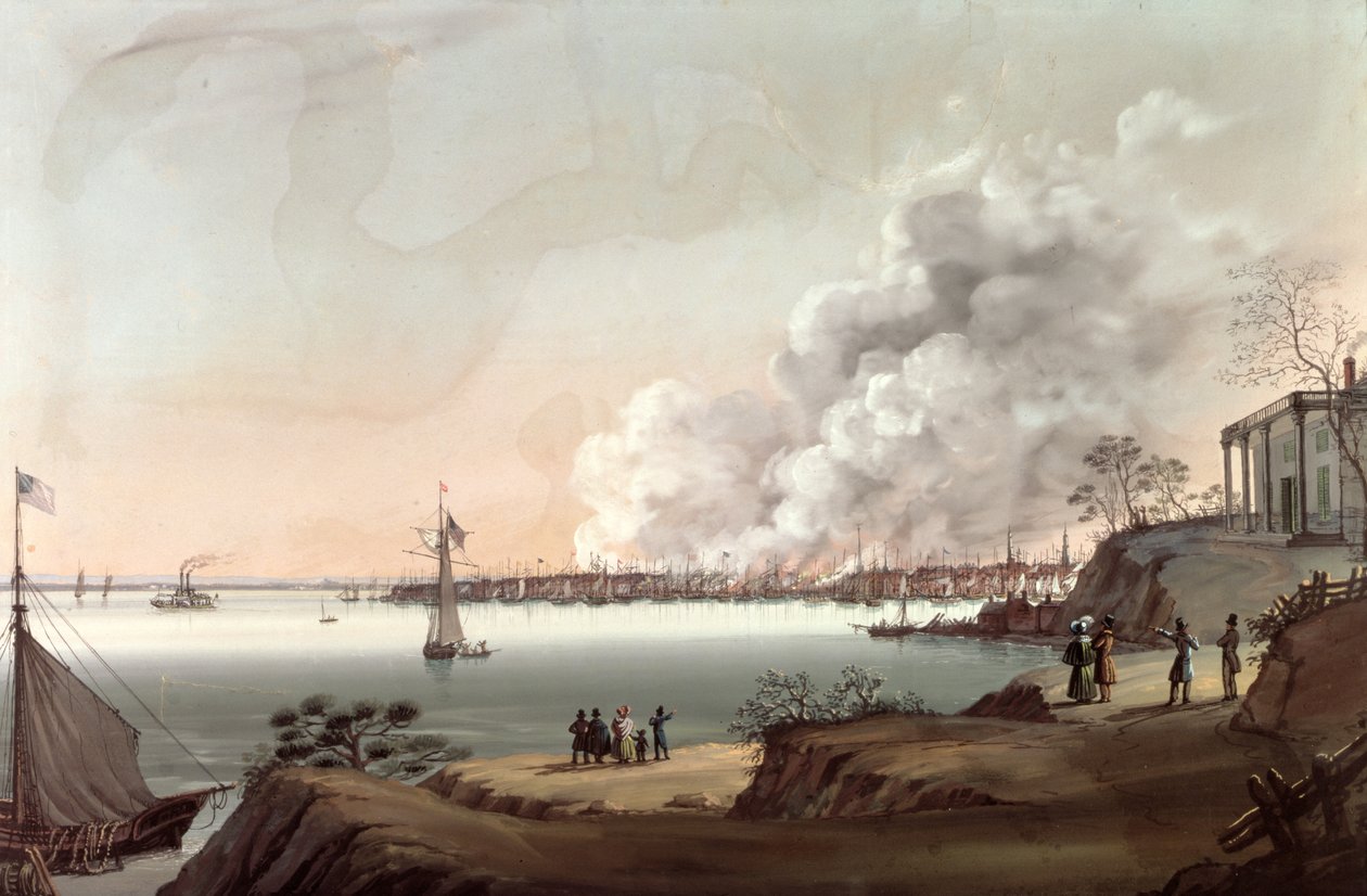 New York-i kilátás a nagy tűzvész után, Brooklynból, 1835 alkotó: Nicolino Calyo