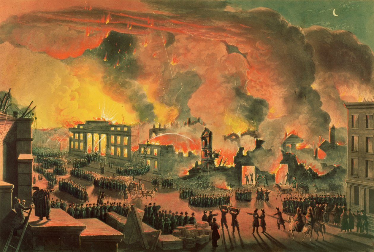 Kilátás a nagy tűzvészre New Yorkban, 1835. december 16-17., metszett: William James Bennett (1787-1844) (színes metszet) alkotó: Nicolino Calyo