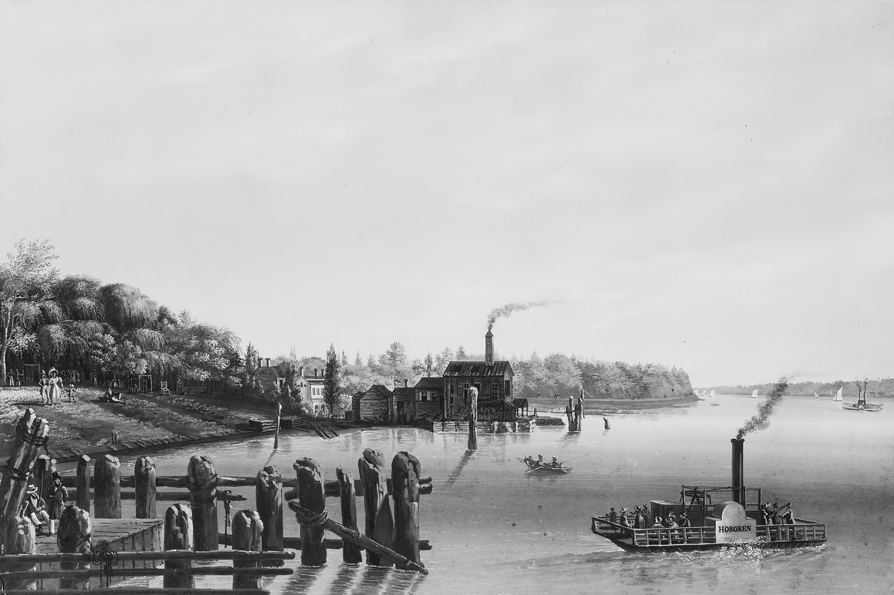 Hoboken kilátása a kompról, kb. 1838. alkotó: Nicolino Calyo