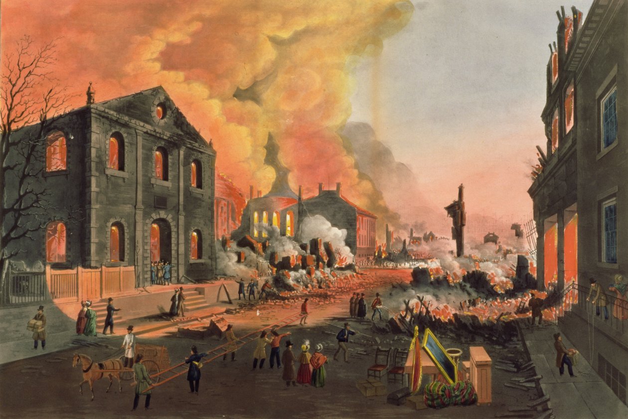Kilátás a romokra a nagy tűzvész után New Yorkban, 1835. december 16-17., W.I. Bennett metszet, pub. L. P. Glover, New York, 1835 (színes akvatinta) alkotó: Nicolino Calyo