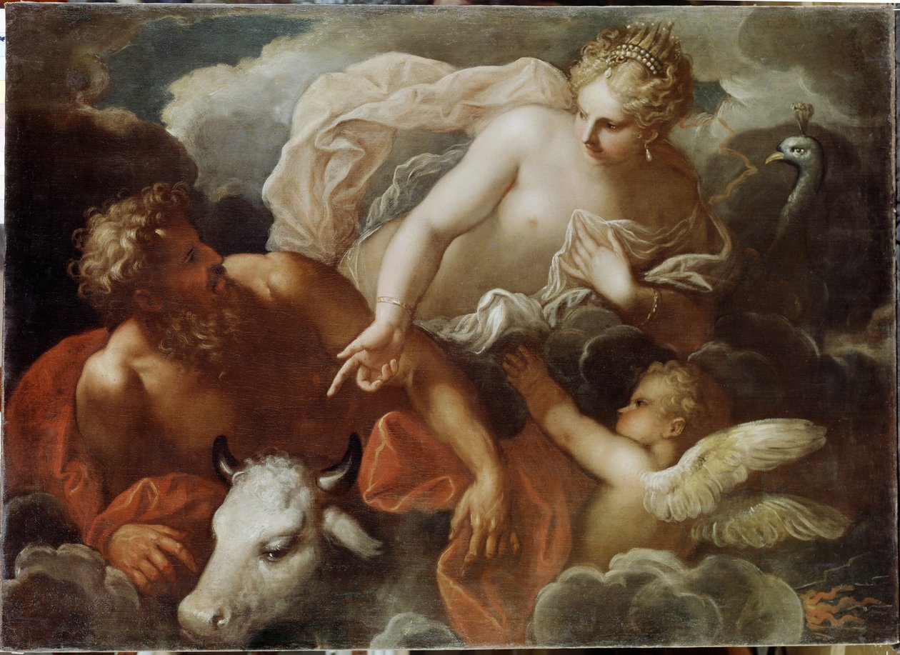 Jupiter, Juno és Io (Jupiter, Juno és Io) - Niccolo (Nicolo) Bambini (1651-1736) festménye, olaj, vászon, 17. század vége - Velencei művészet alkotó: Nicolo Bambini