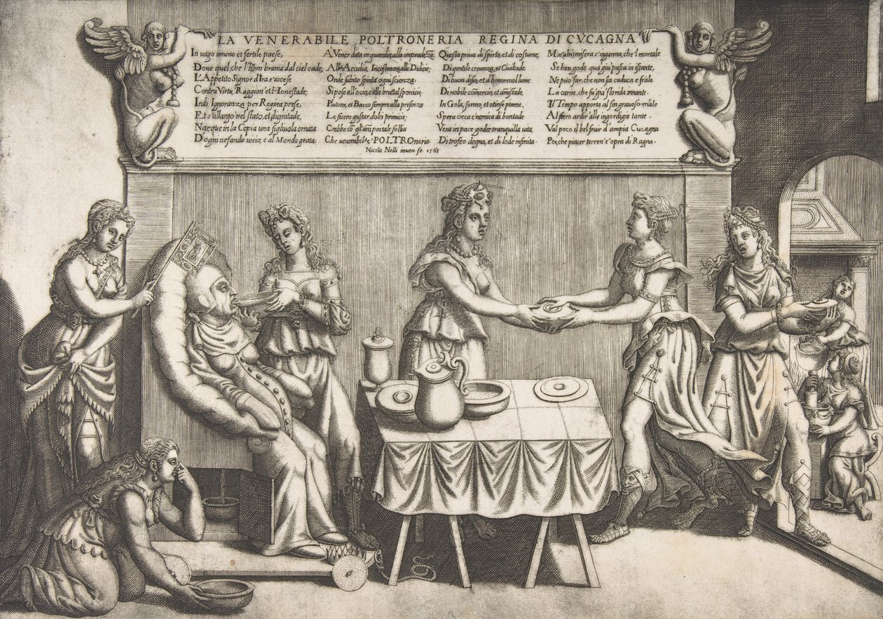 Tiszteletreméltó Tétlenség, Cockaigne királynője, egy kövér nő, aki mozgatható WC-széken ül, lény..., 1565. alkotó: Nicolo Nelli
