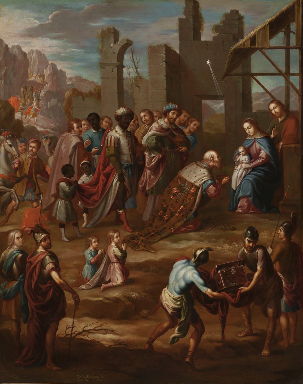 A királyok imádása Pedro de Castro y Figueroa alkirállyal, La Conquista hercegével (La adoración de los reyes con el virrey Pedro de Castro y Figueroa, duque de La Conquista), 1741 (olaj, kopírozott festmény), 1741. alkotó: Nicolás Enríquez