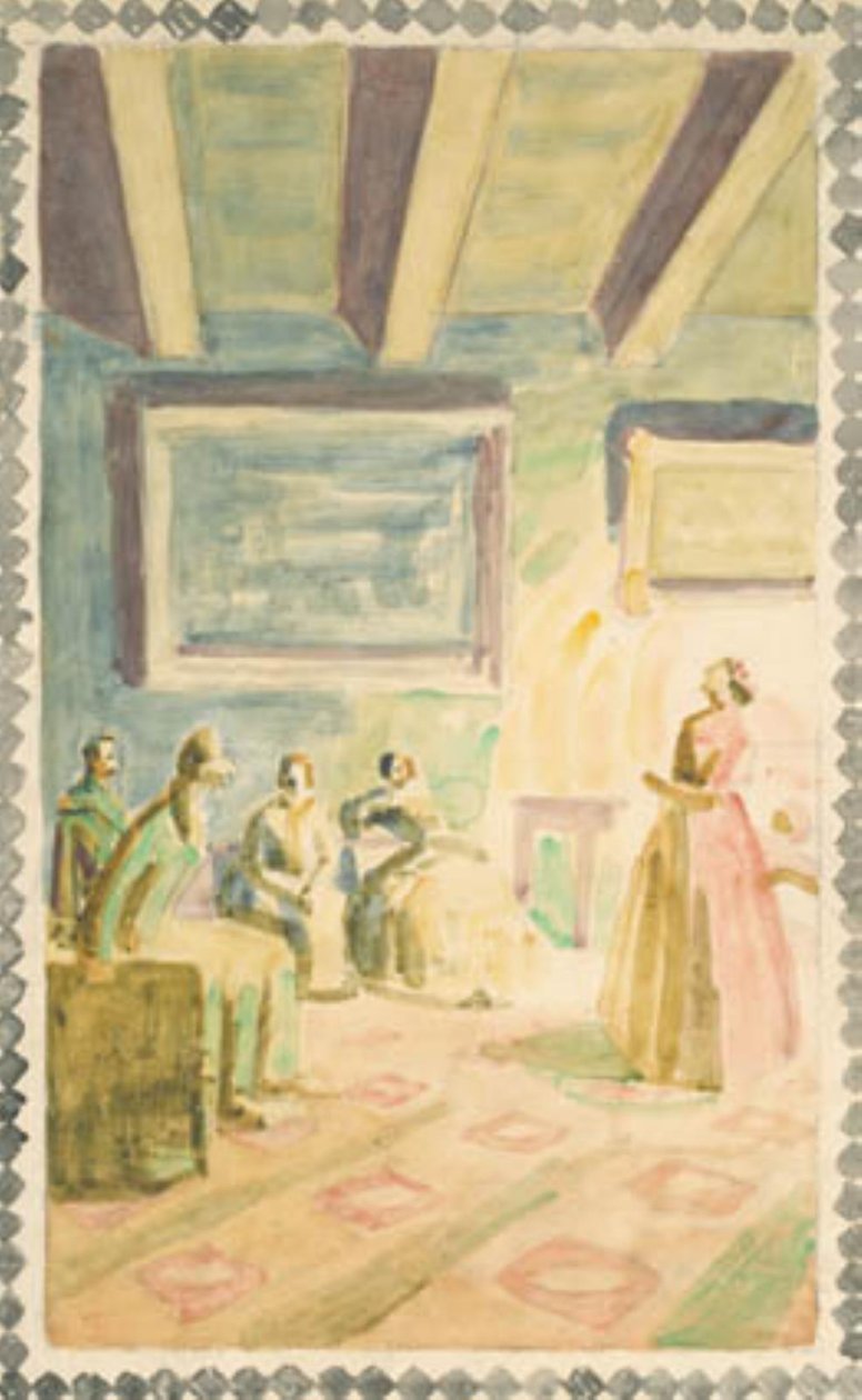 Jenny Lind Weimarban énekel a nagyherceg családjának és H.C. Andersen. Tervezet freskódíszekhez H.C. Andersen emlékcsarnok Odensében alkotó: Niels Larsen Stevns