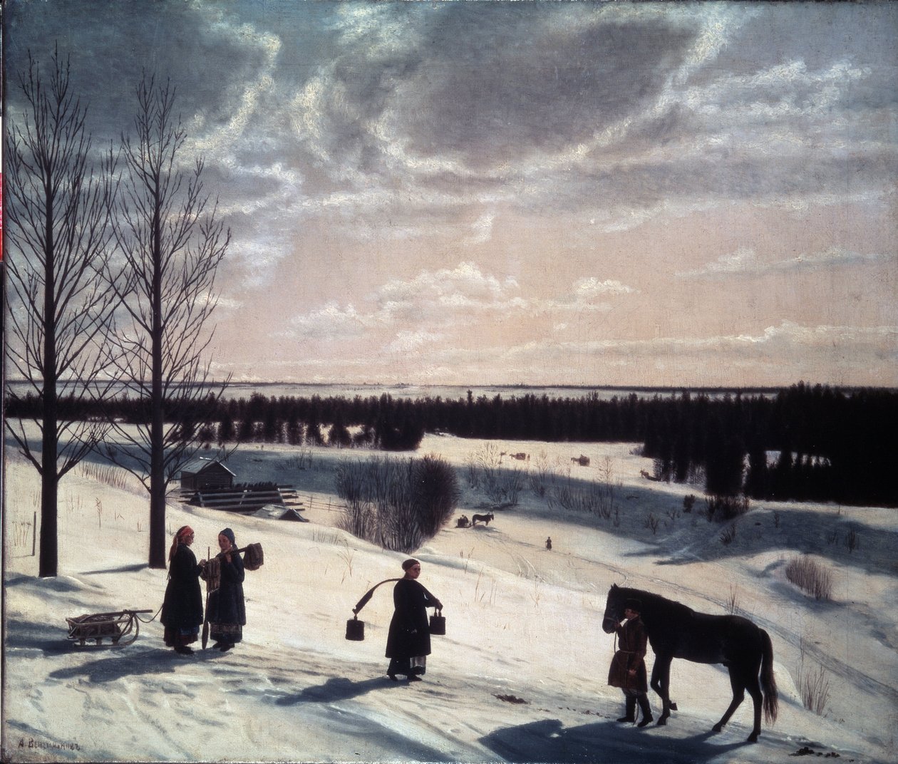 Téli jelenet, orosz tél (Winter scene, Russian Winter). Havas táj leírása esti fényben, alakok az úton: az egyik lovat és nőket vezet, vödör rakomány, másik kettő pedig beszélget egy szán mellett. pei alkotó: Nikifor Stepanovich Krylov