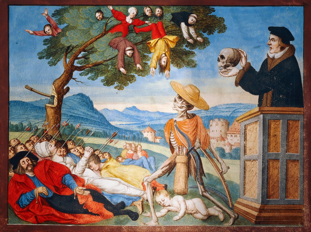 A halál akcióba lép a kaszájával, és az emberek hullott levelekként hullanak, Memento Mori prédikációja a Haláltánc ciklusából, Albrecht Kauw alkotó: Niklaus Manuel