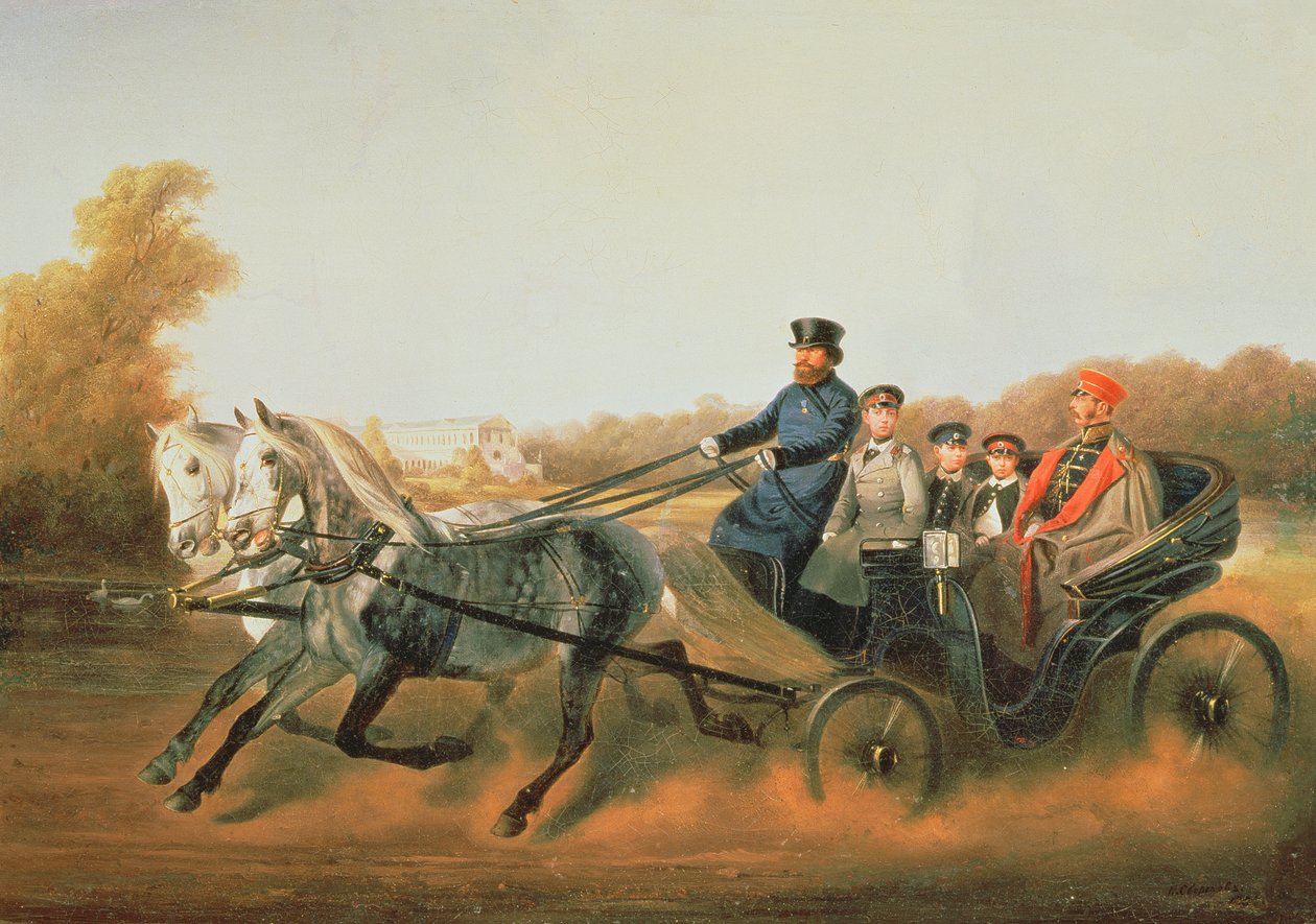 II. Sándor cár (1818-81) vezetés a fiaival Zarskoje Selóban, 1850-es évek alkotó: Nikolai Egorevich Sverchkov