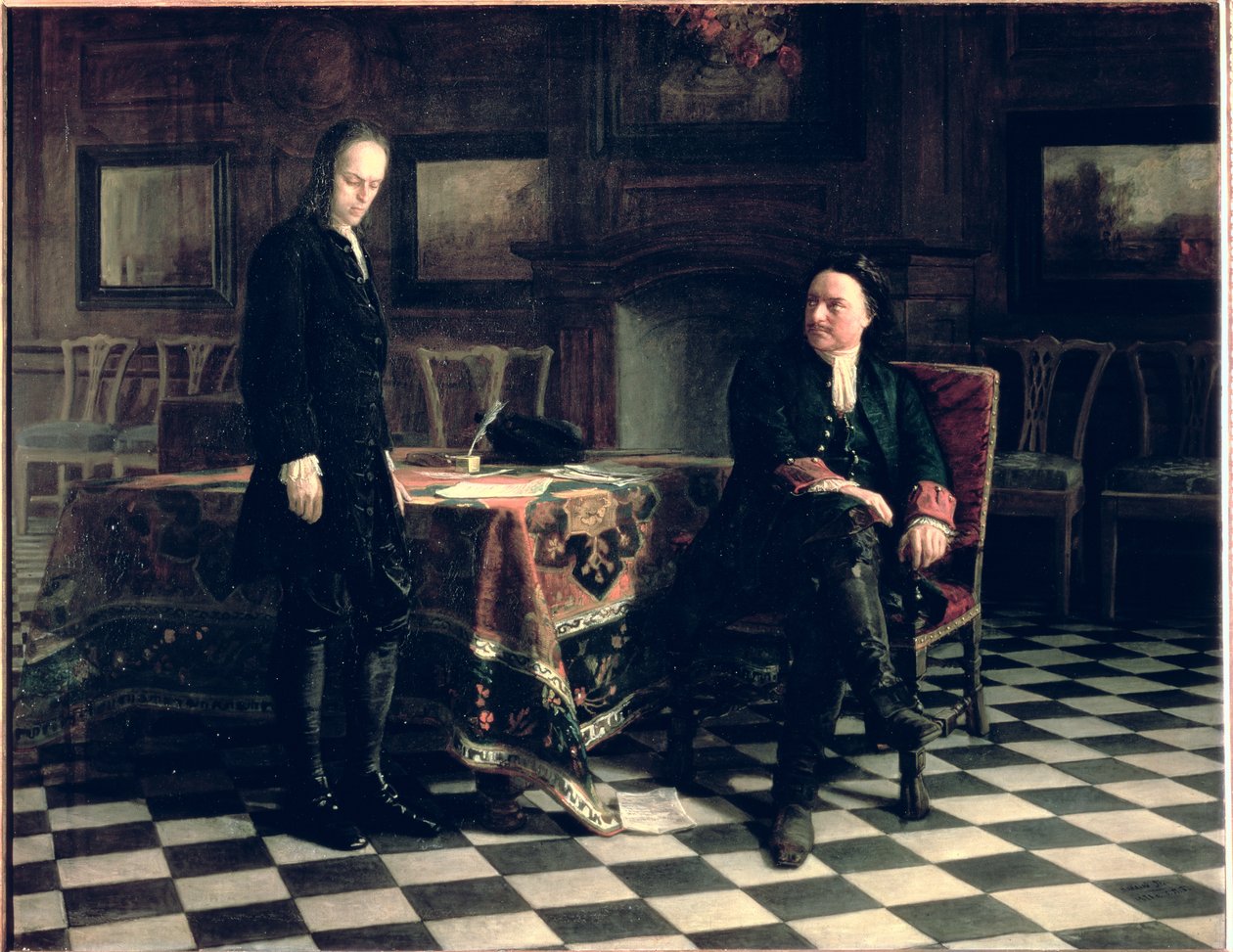 Nagy Péter kihallgatja Alekszej Petrovics cárt Pétervárott, 1871. alkotó: Nikolai Nikolaevich Ge