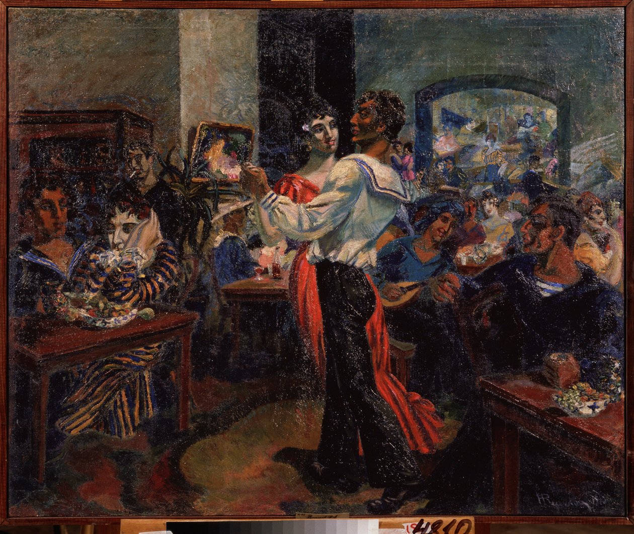 Egy tengerész bár. Nyikolaj Afanasjevics Rusakov (1888-1941) festménye, olaj, fémlemez alkotó: Nikolai Afanasyevich Rusakov