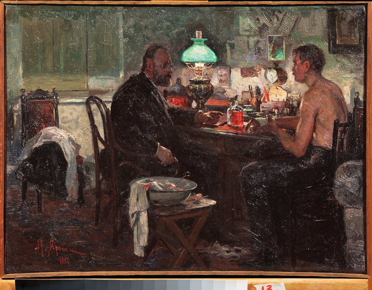 Chez le medecin (Az orvosnál) – Nyikolaj Alekszandrovics Jarosenko (Jarosenko) festménye (1846-1898), olaj, vászon, orosz művészet alkotó: Nikolai Aleksandrovich Yaroshenko