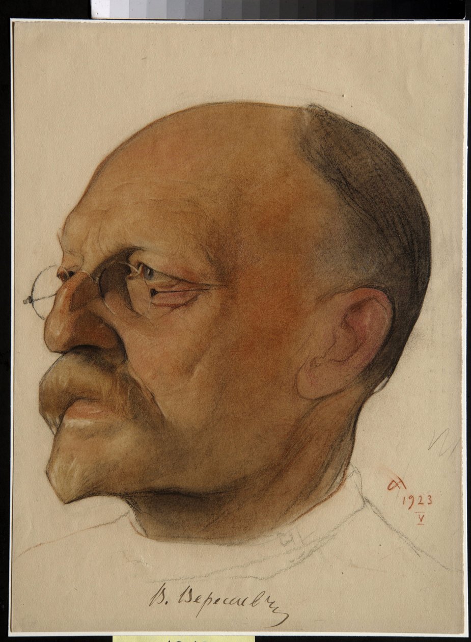 Vikenti Vikentyevics Szmidovics portréja, Vikenti Veressajev (1867-1945), orosz orvos és író (Vikenty Vikentyevich Veresaev) – Nyikolaj Andrejevics Andrejev (1873-1932) rajza szangvinikus és zsírkréták papíron (32,5x24 cm) alkotó: Nikolai Andreevich Andreev
