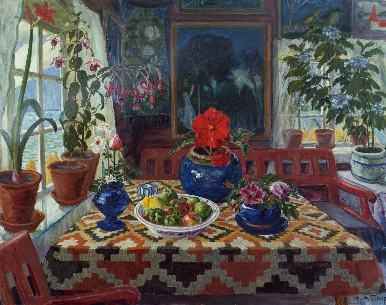 Belső tér egy nagy kék edénnyel alkotó: Nikolai Astrup