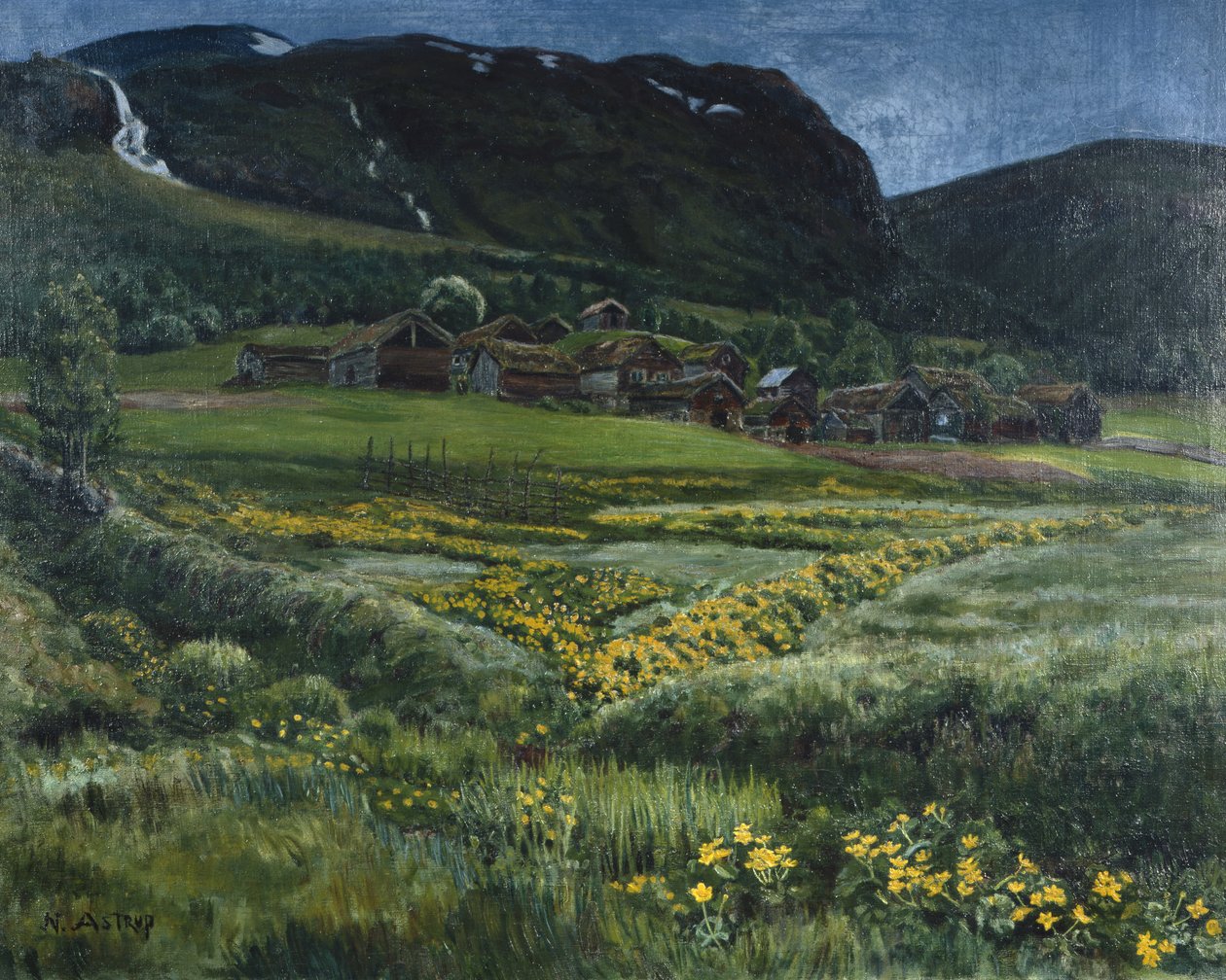 Június éjszaka és a régi nyugat-norvég udvar (olaj, vászon) alkotó: Nikolai Astrup