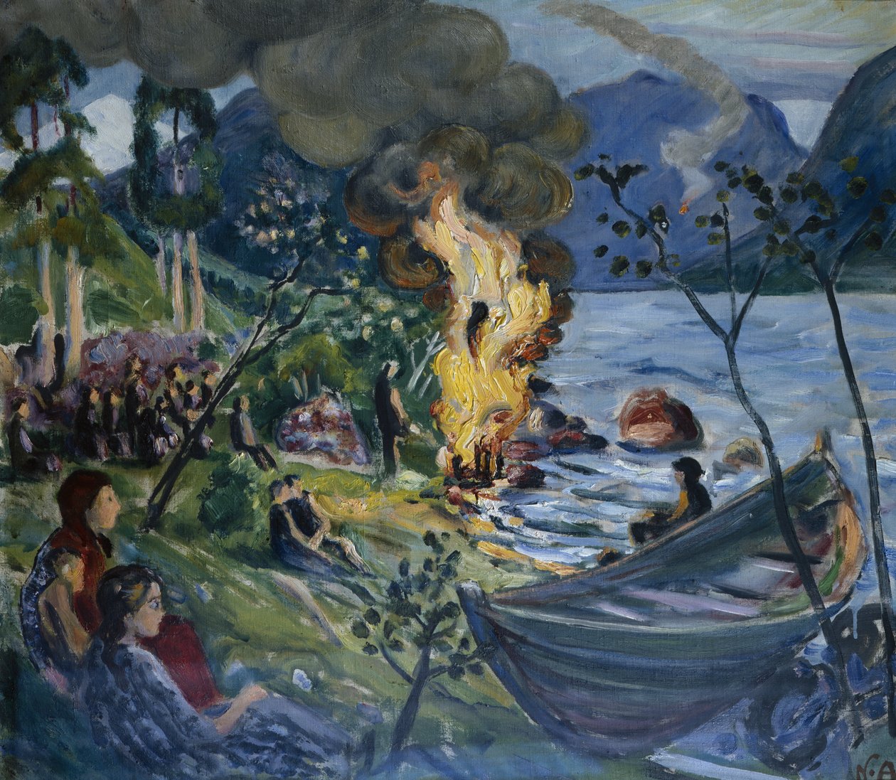 Nyári tűz a Jølster víznél (olaj, vászon) alkotó: Nikolai Astrup