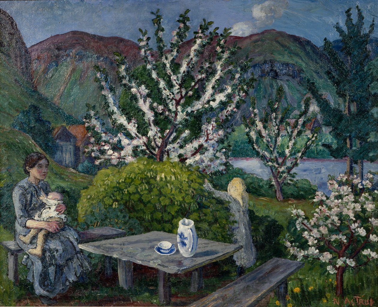 Anya és gyermeke a kerti asztalnál (olaj, vászon) alkotó: Nikolai Astrup