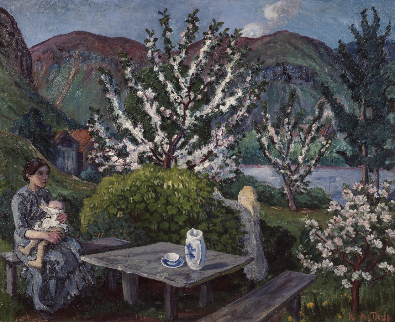Anya és gyermeke a kerti asztalnál alkotó: Nikolai Astrup