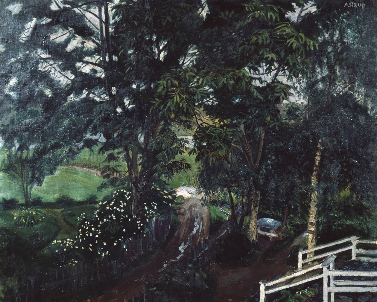 Esős légkör a fák alatt a Jolster Parsonage-ban alkotó: Nikolai Astrup