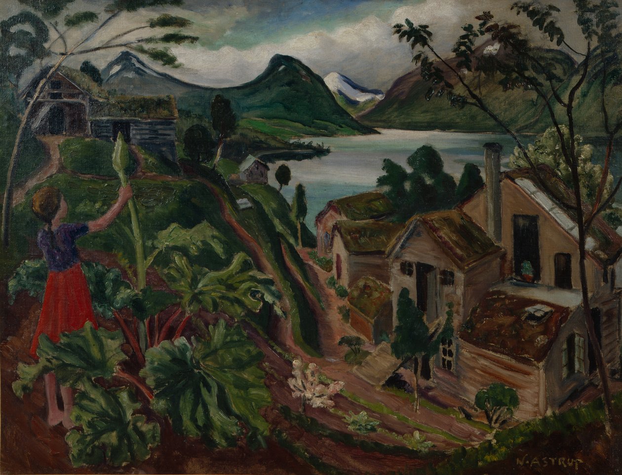 Rebarbara és fiatal lány Sandalstrandban (olaj, vászon) alkotó: Nikolai Astrup