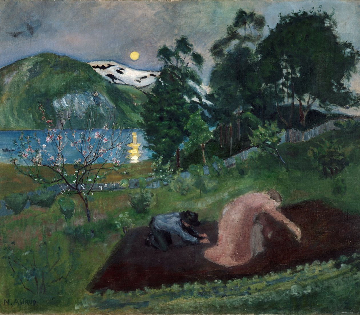 Tavaszi éjszaka a kertben (Éjszakai munka a kertben) alkotó: Nikolai Astrup