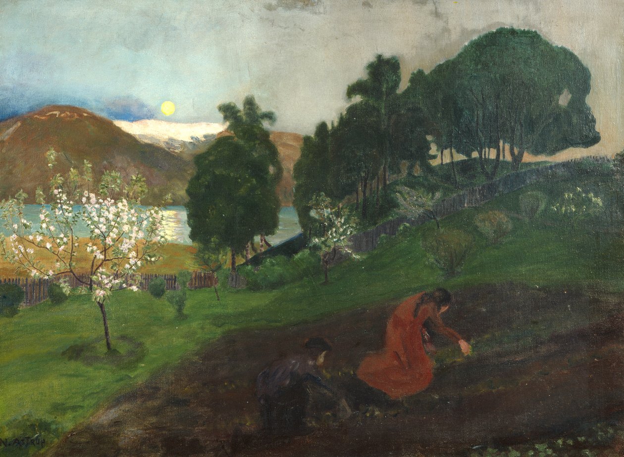 Tavaszi éjszaka a kertben (Éjszakai munka a kertben) alkotó: Nikolai Astrup