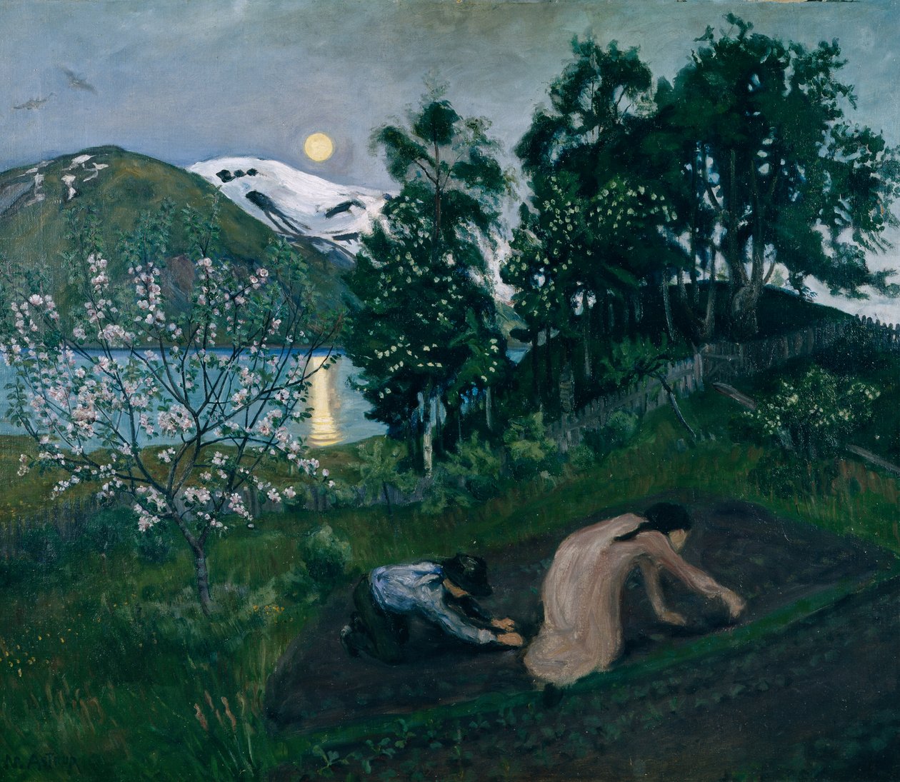 Tavaszi éjszaka a kertben, Éjszakai munka a kertben alkotó: Nikolai Astrup