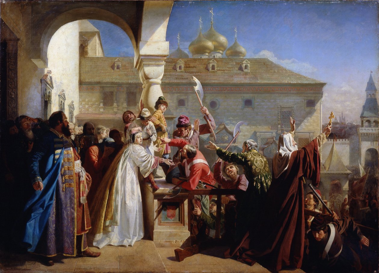 Az 1682-es moszkvai felkelés vagy az 1682-es utcai felkelés: Natalia Naricskina cárnő (Nathalie Narychkine) (1651-1694), aki V. Ivánt (1666-1696) mutatja a strelcinek - Nyikolaj Dmitrijevics Dmitrijev Orienburg festménye alkotó: Nikolai Dmitrievich Dmitriev Orenburgsky