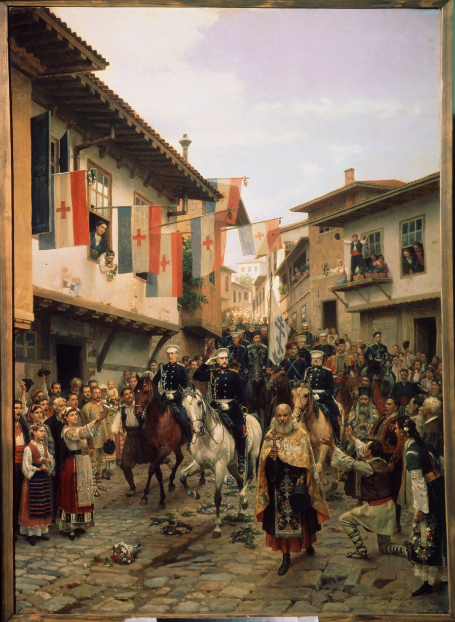 Orosz-török ​​(orosz-török) háború 1877-1878: "Az orosz nagyherceg (nagyherceg) Miklós Nyikolajevics (Idősebb Miklós Nikolajevics) (1831-1891) Veliko Tarnovóban 1877. március 6-án Bulgáriában" Nyikolaj Dmitrijevics Dmitrijev Orenburgszkij festménye (D alkotó: Nikolai Dmitrievich Dmitriev Orenburgsky
