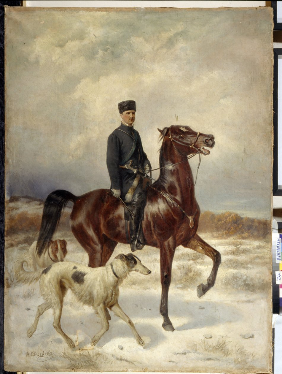 A vadász (The Hunter). Lóháton és Barzoi kutyái (orosz agár) kíséretében. Nyikolaj Jegorovics Svercskov (Nicolas Swertschkoff) (1817-1898) festménye, olaj, vászon. orosz művészet alkotó: Nikolai Egorevich Sverchkov