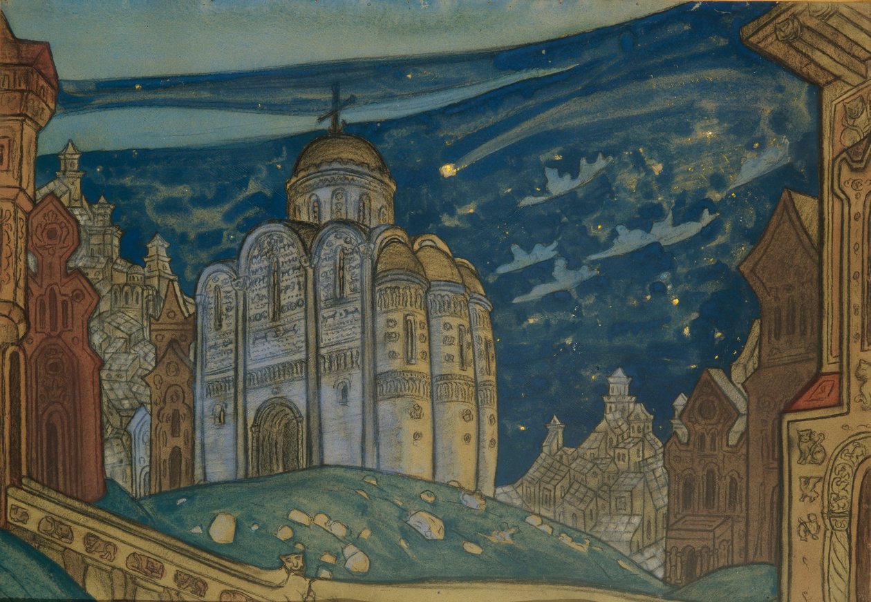 Putivl. Színpadterv A. Borodin Igor herceg című operájához, 1914 alkotó: Nikolai Konstantinowitsch Roerich