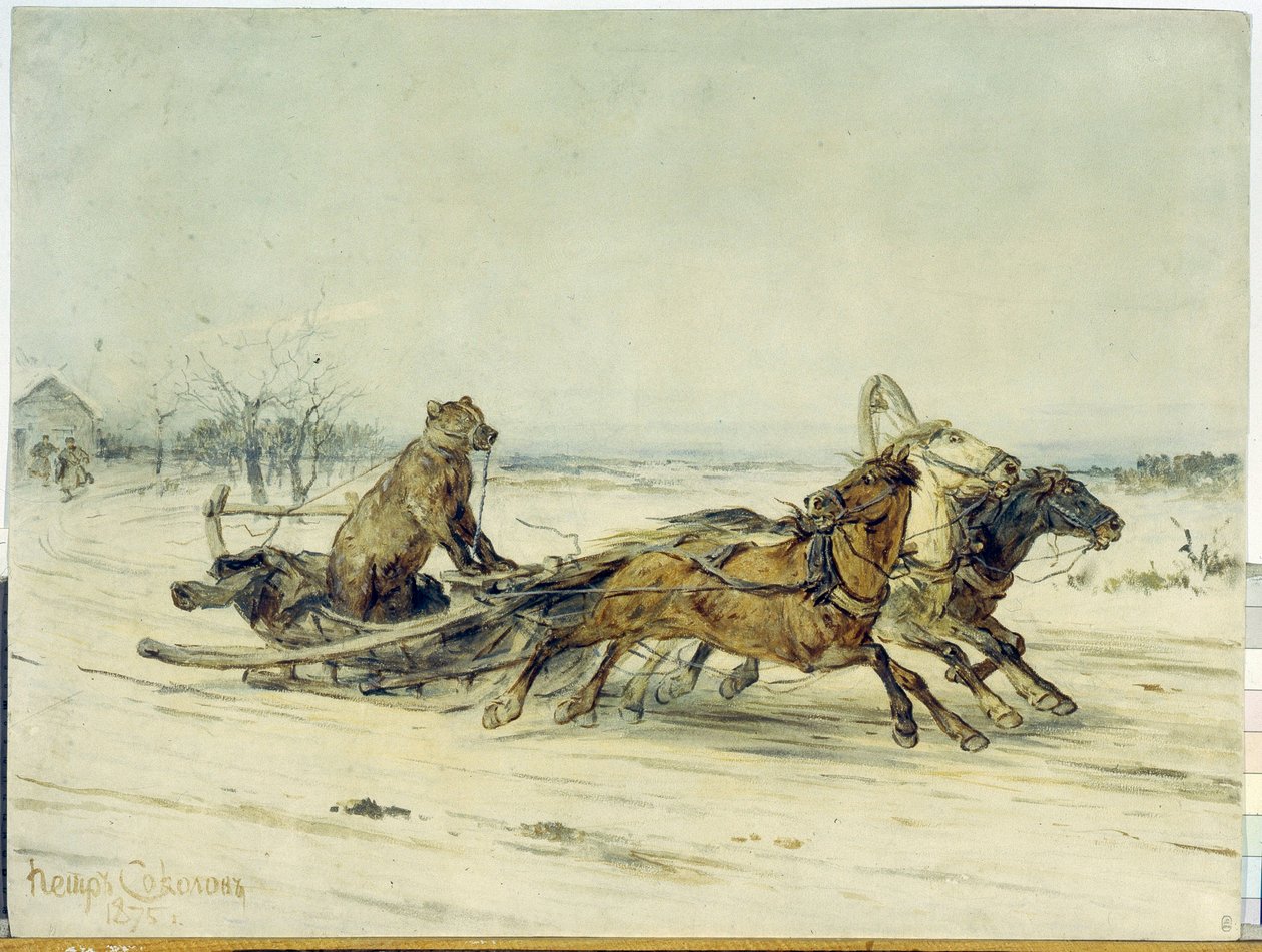 General Toptygin - Un ours avec une museliere, installe dans un traineau tire par trois chevaux (troika), d