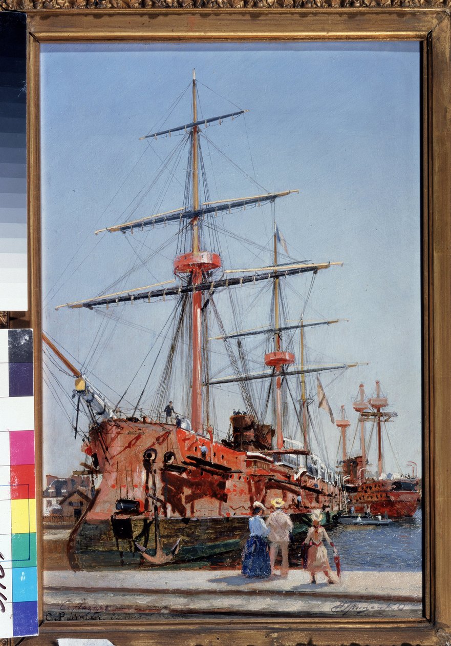 Az Admiral Kornilov kísérőcirkáló építése Bretagne-ban. (A Kornilov Admiral védett cirkáló épülete Bretagne-ban). Nyikolaj Nyikolajevics Gricenko (1856-1900) festménye, olaj, fa alkotó: Nikolai Nikolaevich Gritsenko
