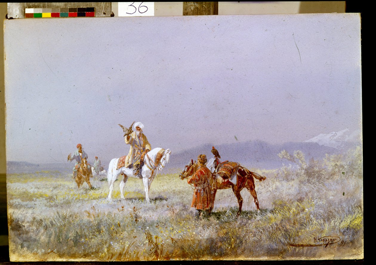 Solymászat (The Falconry). A közép-ázsiai lovasok sólymokat képeznek ki vadászatra a sztyeppeken. Nyikolaj Nyikolajevics Karasin (1842-1908) festménye, olaj, vászon alkotó: Nikolai Nikolaevich Karazin