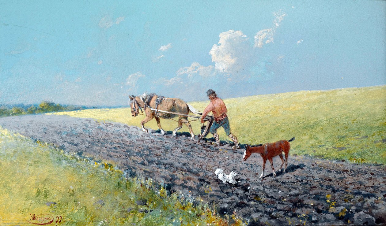 ""szántás"" Földjeit szántó paraszt, Oroszország Nyikolaj Nyikolajevics Karasin (1842-1908) festménye 1899 Méret 16,5x27,5 cm Magángyűjtemény alkotó: Nikolai Nikolayevich Karasin