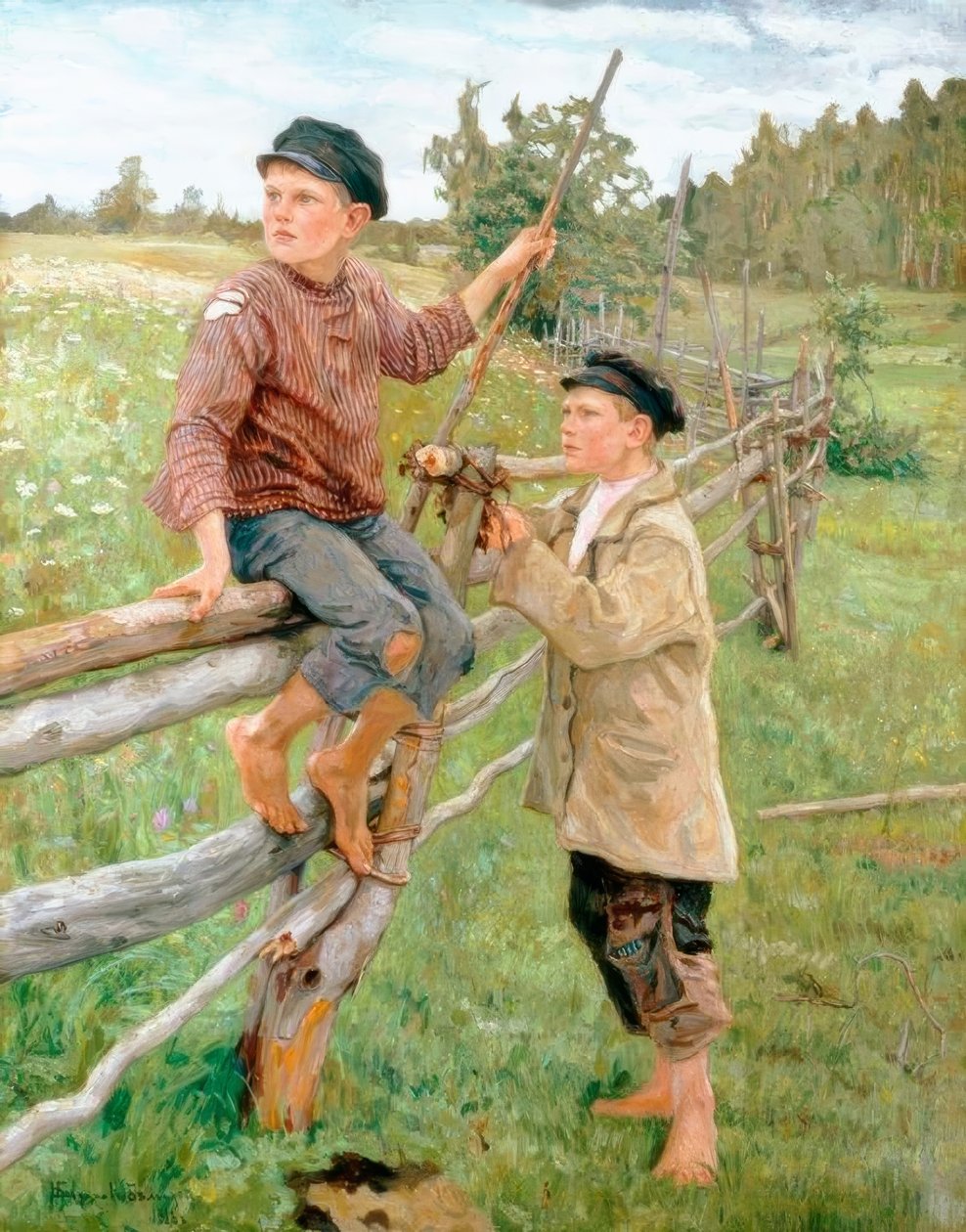 Fiúk egy tájban alkotó: Nikolai P. Bogdanow Bjelski